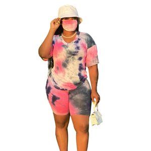 KR15 Pink Three Piece Tie-dye Short Set